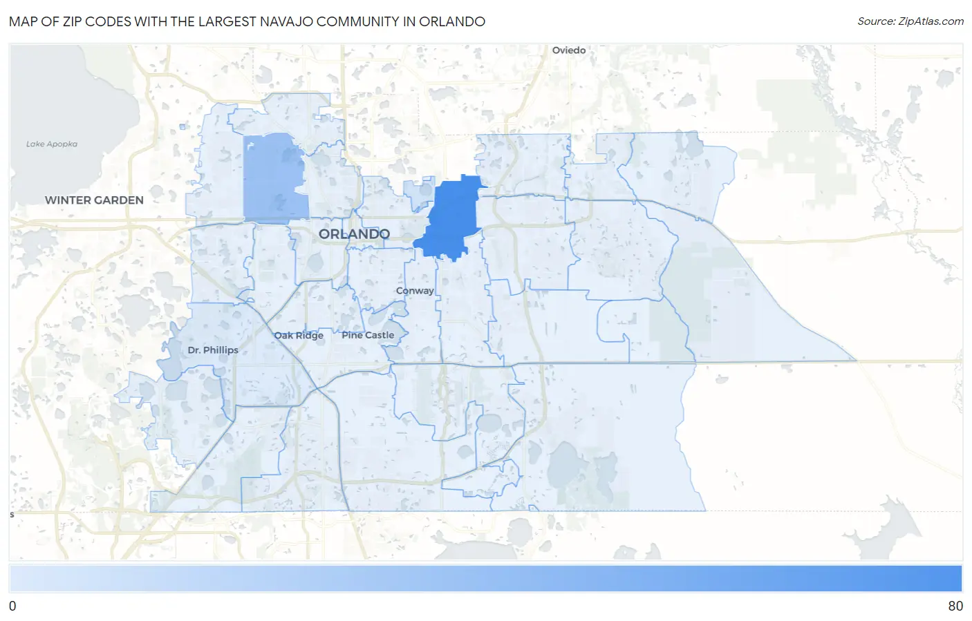 Zip Codes with the Largest Navajo Community in Orlando Map