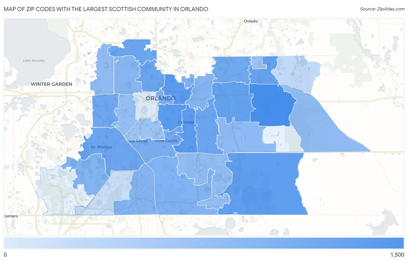 Zip Codes with the Largest Scottish Community in Orlando Map
