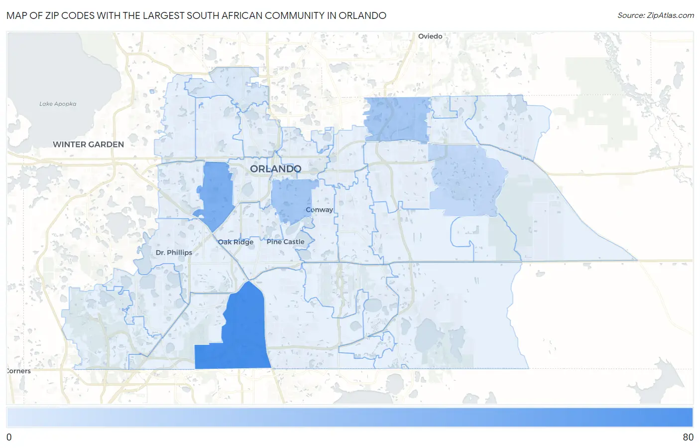 Zip Codes with the Largest South African Community in Orlando Map