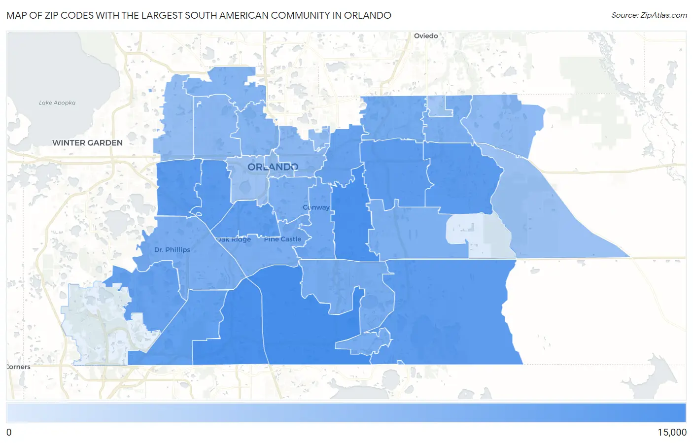 Zip Codes with the Largest South American Community in Orlando Map