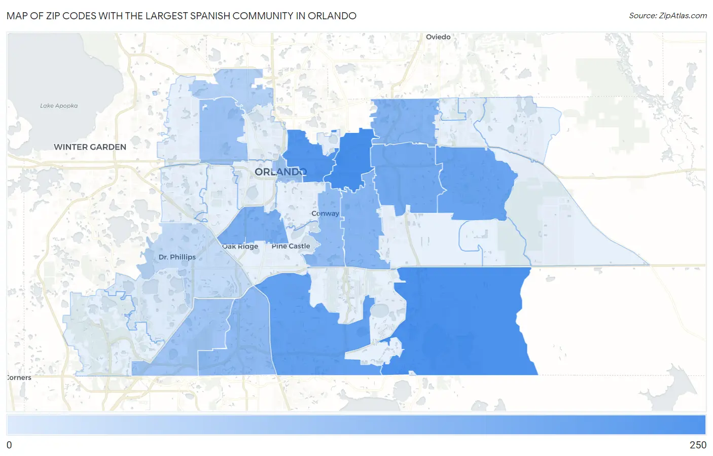 Zip Codes with the Largest Spanish Community in Orlando Map