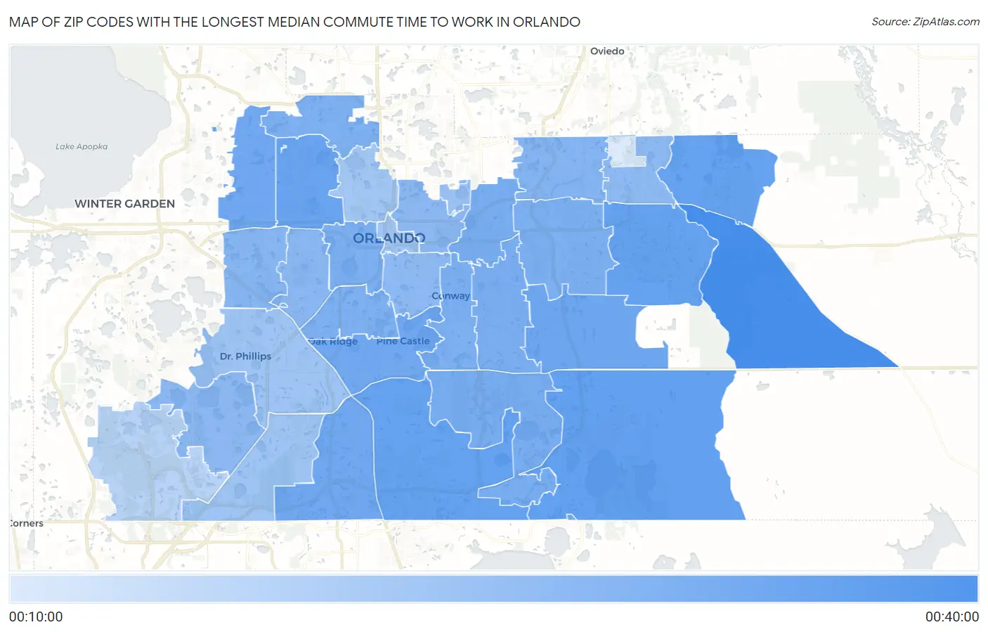Zip Codes with the Longest Median Commute Time to Work in Orlando Map