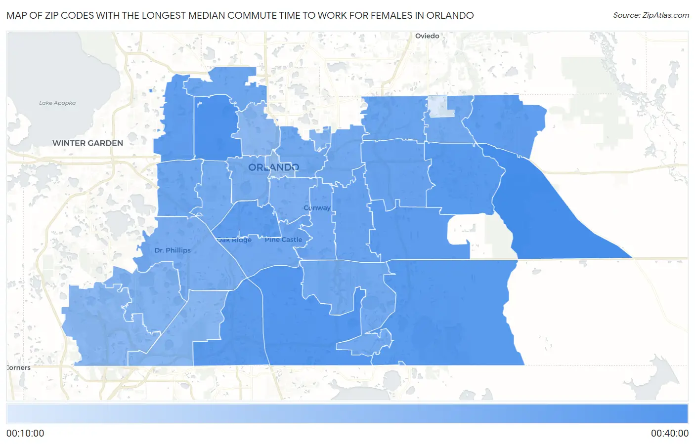 Zip Codes with the Longest Median Commute Time to Work for Females in Orlando Map