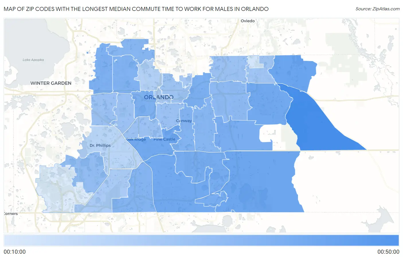 Zip Codes with the Longest Median Commute Time to Work for Males in Orlando Map