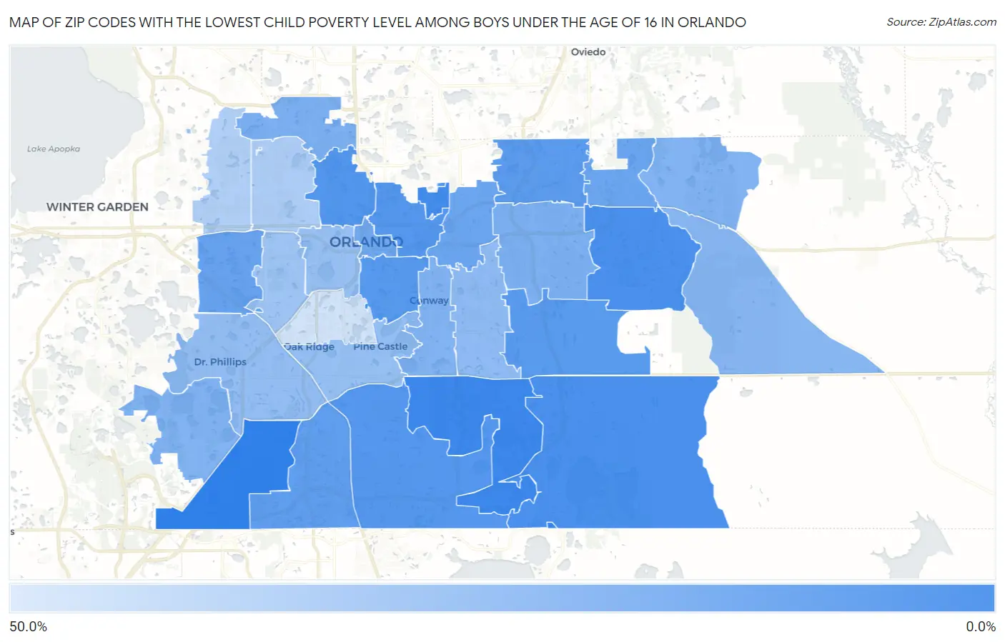 Zip Codes with the Lowest Child Poverty Level Among Boys Under the Age of 16 in Orlando Map