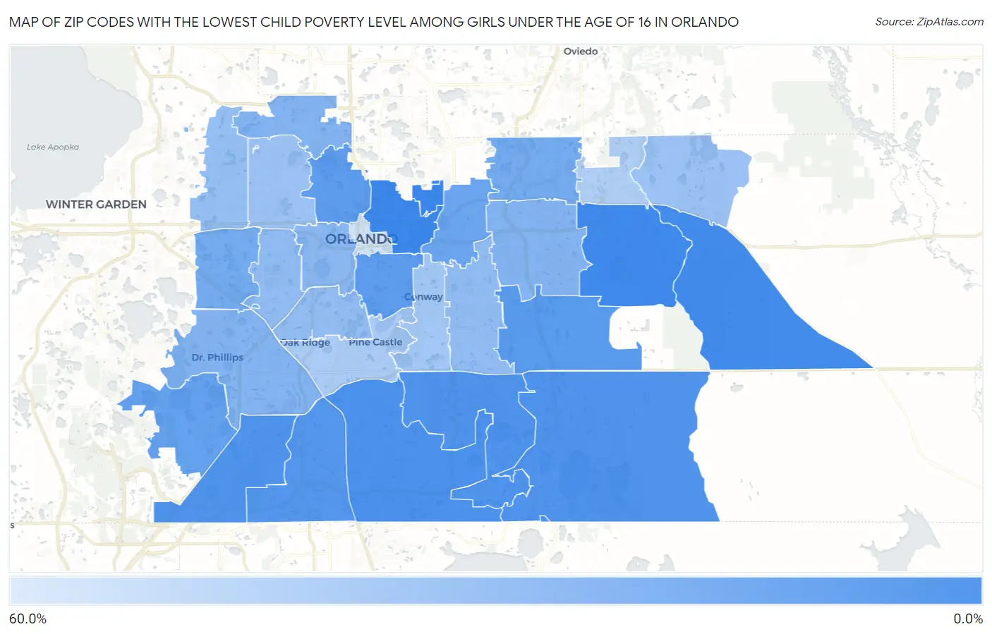 Zip Codes with the Lowest Child Poverty Level Among Girls Under the Age of 16 in Orlando Map