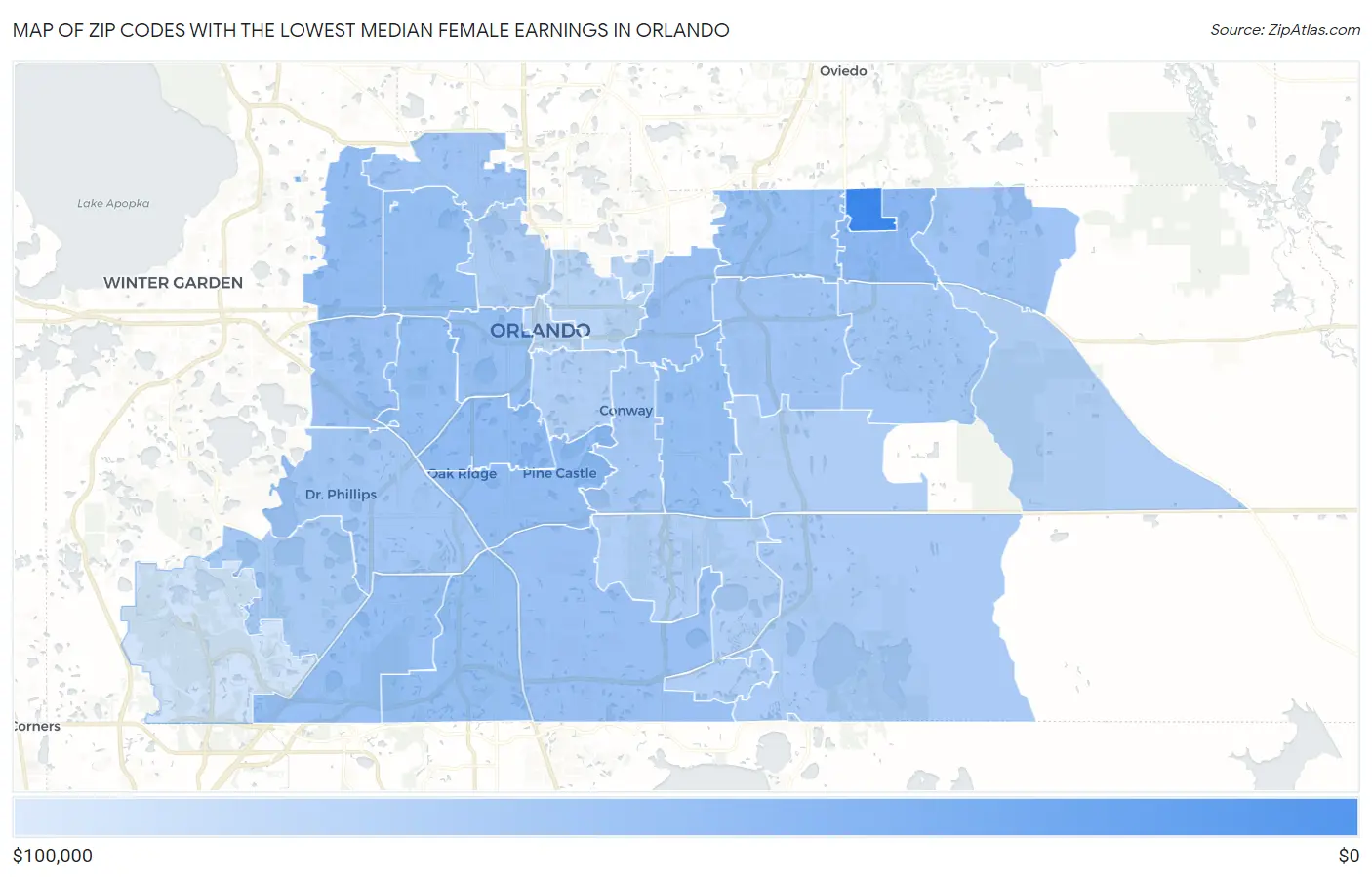 Zip Codes with the Lowest Median Female Earnings in Orlando Map