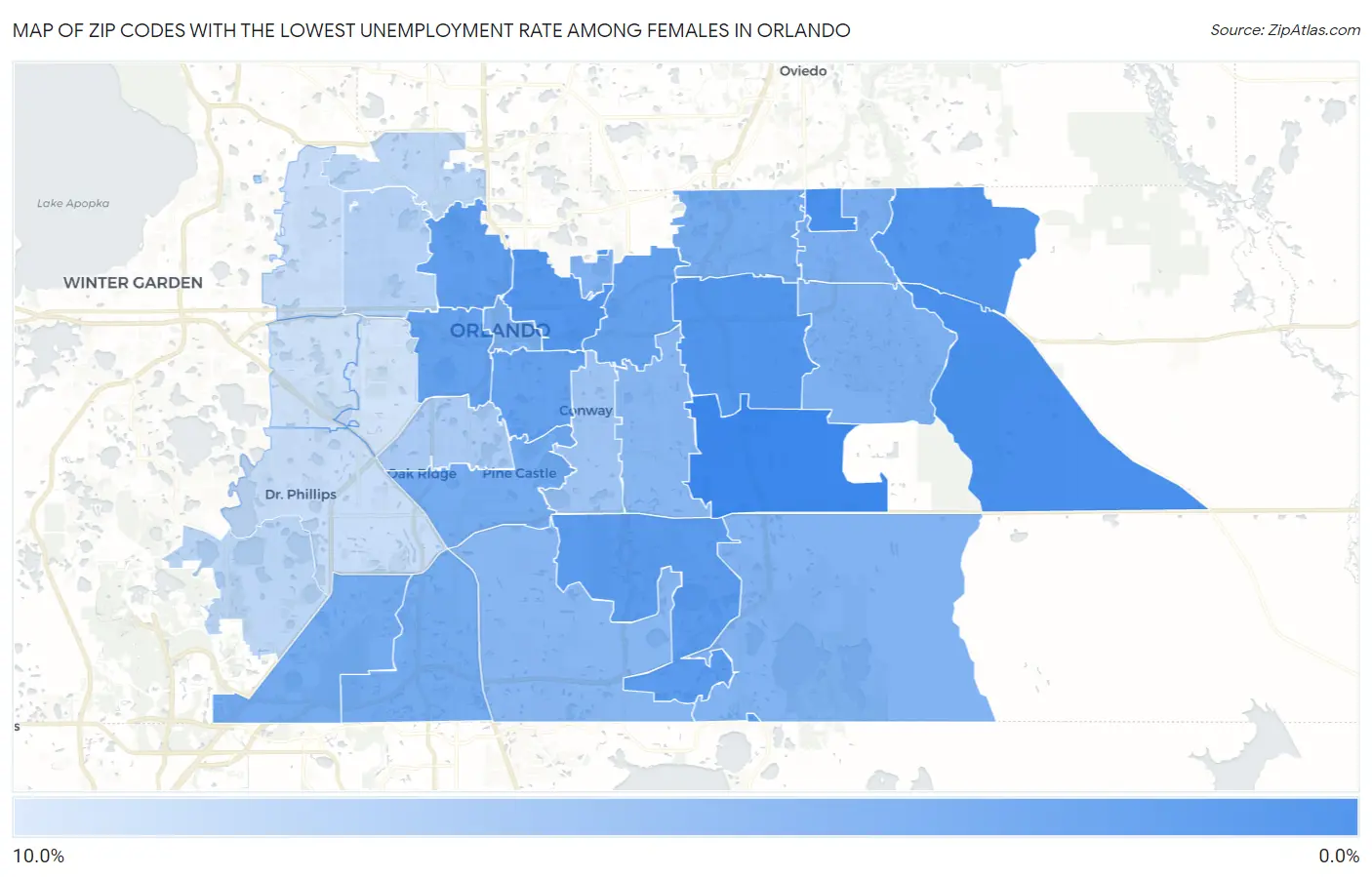 Zip Codes with the Lowest Unemployment Rate Among Females in Orlando Map