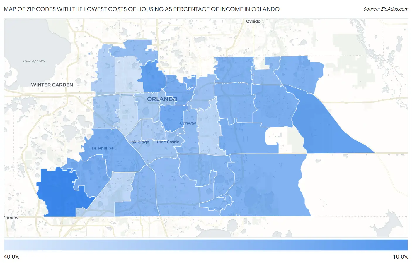Zip Codes with the Lowest Costs of Housing as Percentage of Income in Orlando Map
