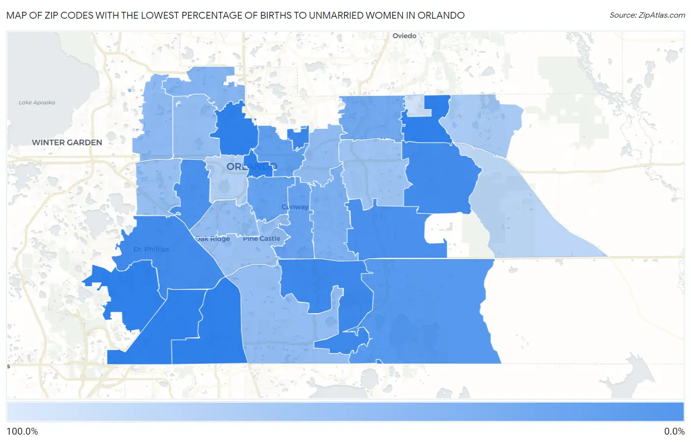Zip Codes with the Lowest Percentage of Births to Unmarried Women in Orlando Map