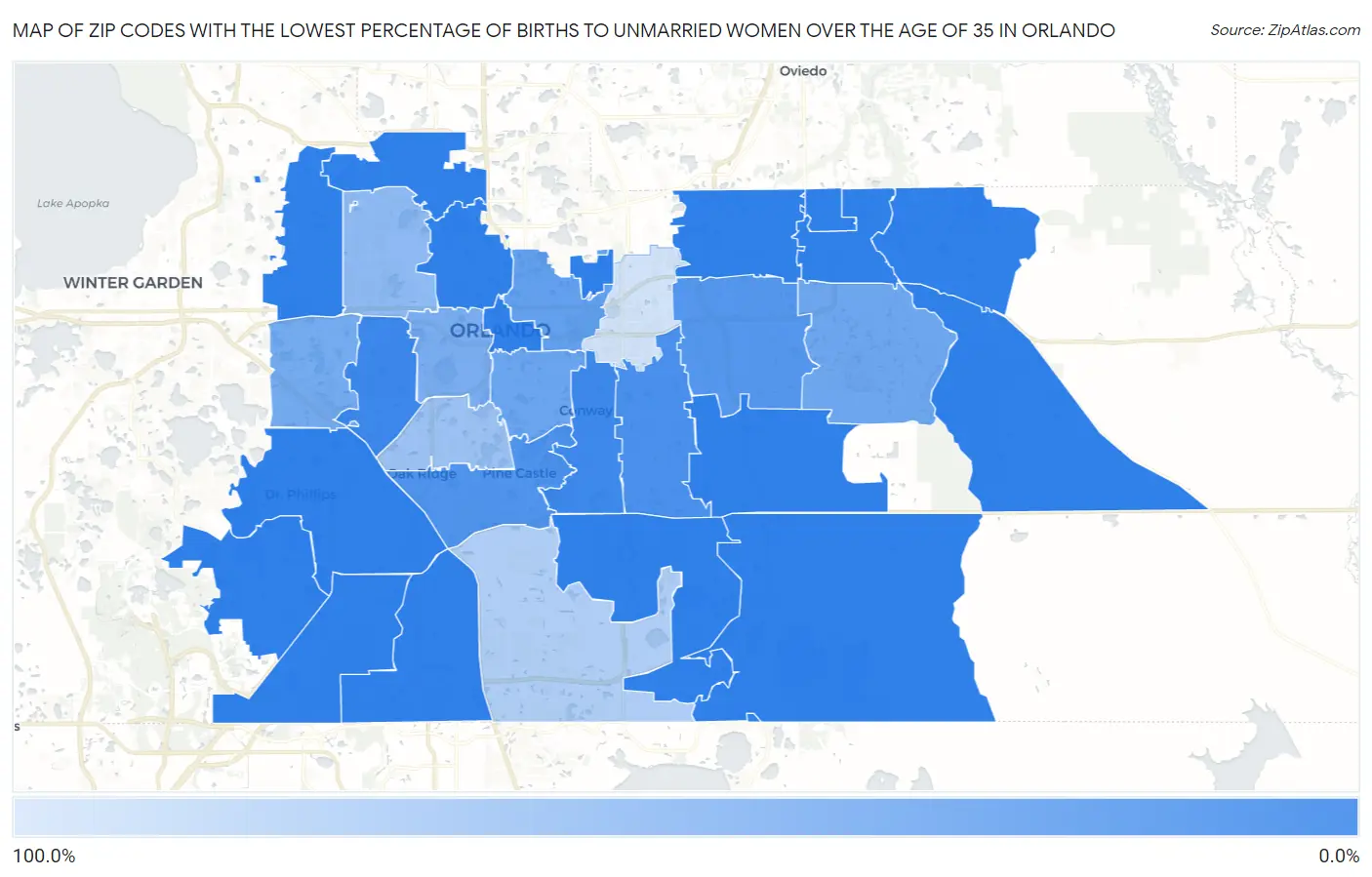 Zip Codes with the Lowest Percentage of Births to Unmarried Women over the Age of 35 in Orlando Map
