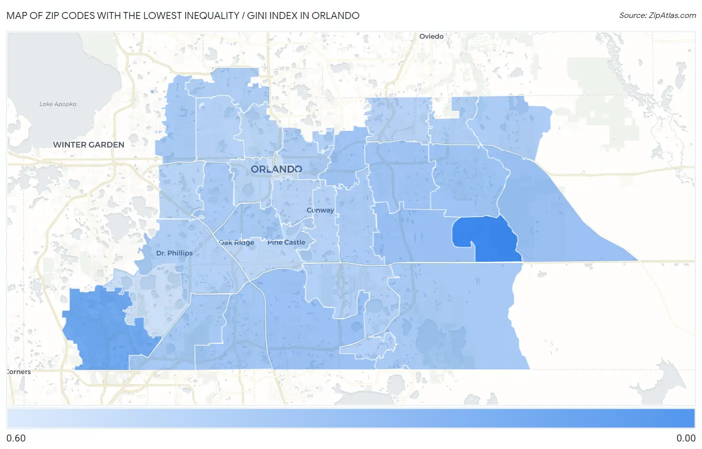 Zip Codes with the Lowest Inequality / Gini Index in Orlando Map