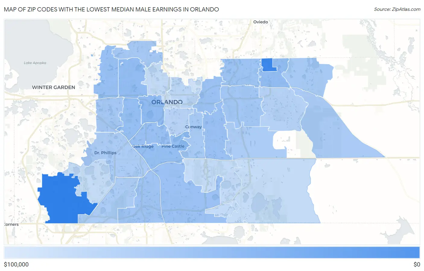 Zip Codes with the Lowest Median Male Earnings in Orlando Map