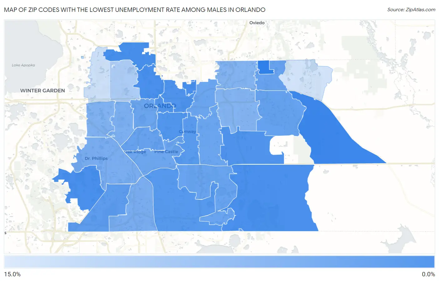 Zip Codes with the Lowest Unemployment Rate Among Males in Orlando Map