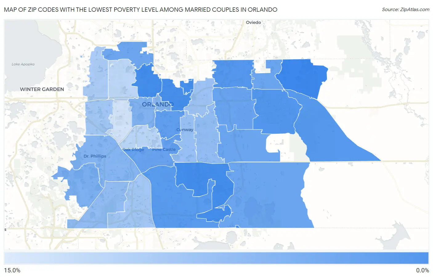 Zip Codes with the Lowest Poverty Level Among Married Couples in Orlando Map