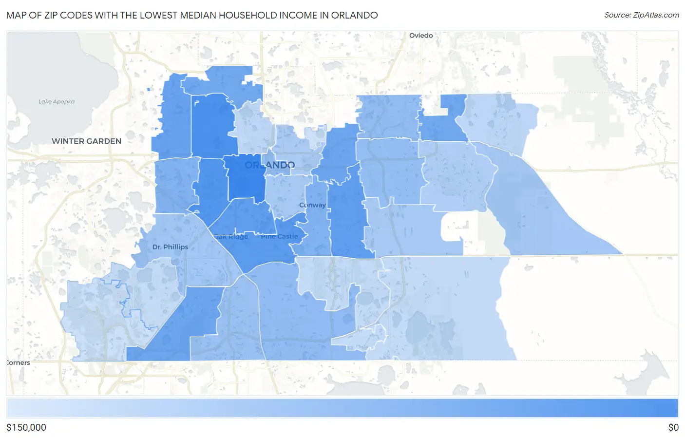 Zip Codes with the Lowest Median Household Income in Orlando Map
