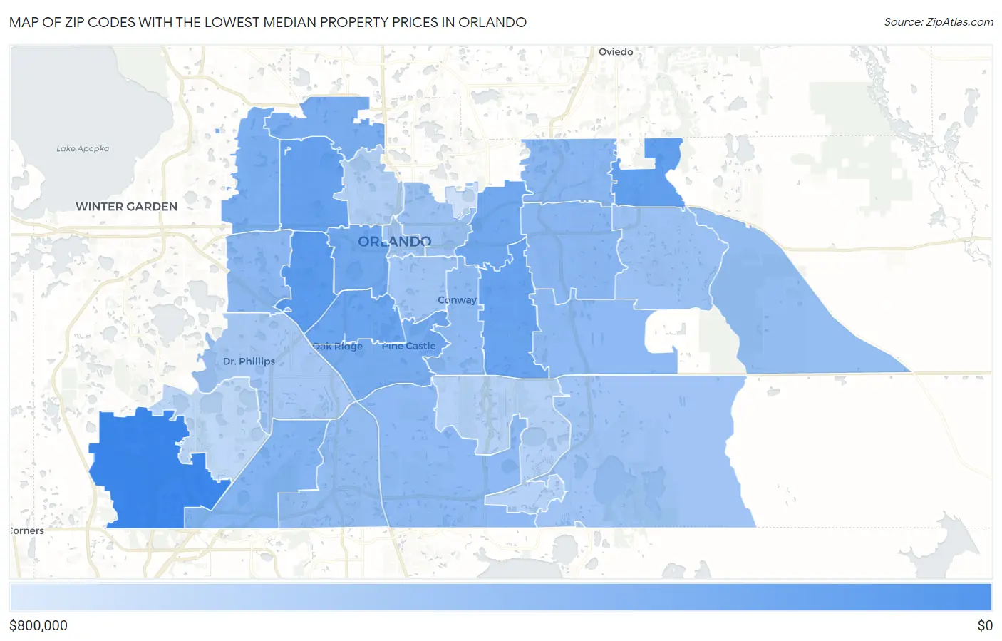 Zip Codes with the Lowest Median Property Prices in Orlando Map