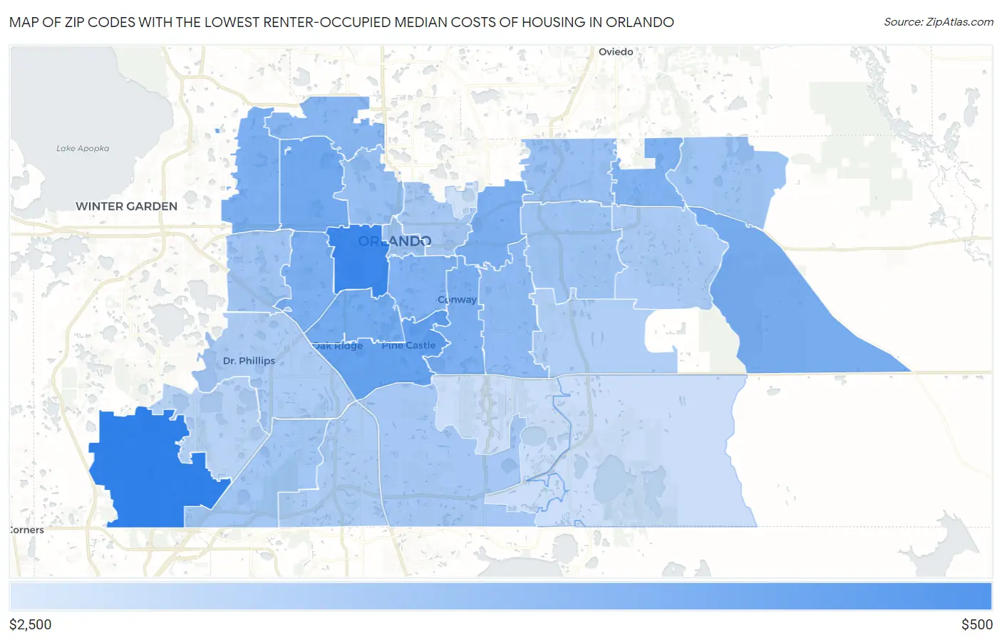 Zip Codes with the Lowest Renter-Occupied Median Costs of Housing in Orlando Map