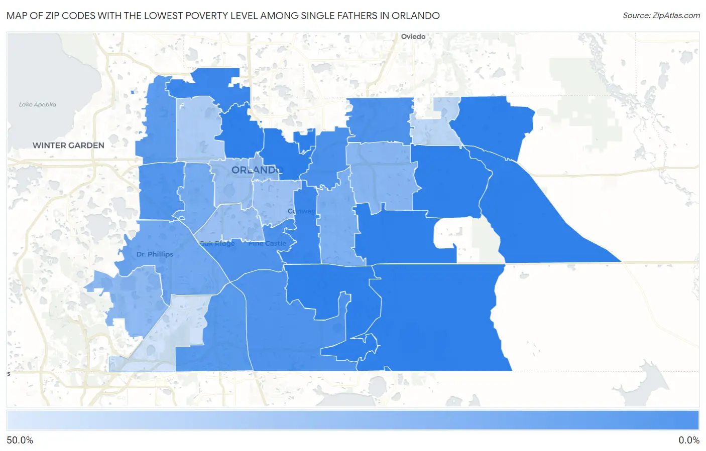 Zip Codes with the Lowest Poverty Level Among Single Fathers in Orlando Map