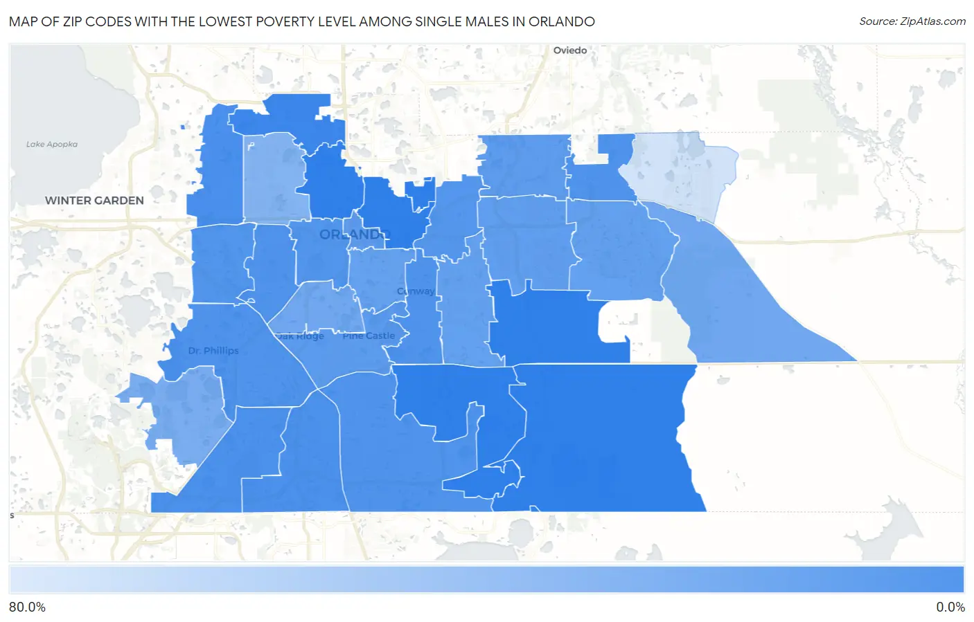 Zip Codes with the Lowest Poverty Level Among Single Males in Orlando Map