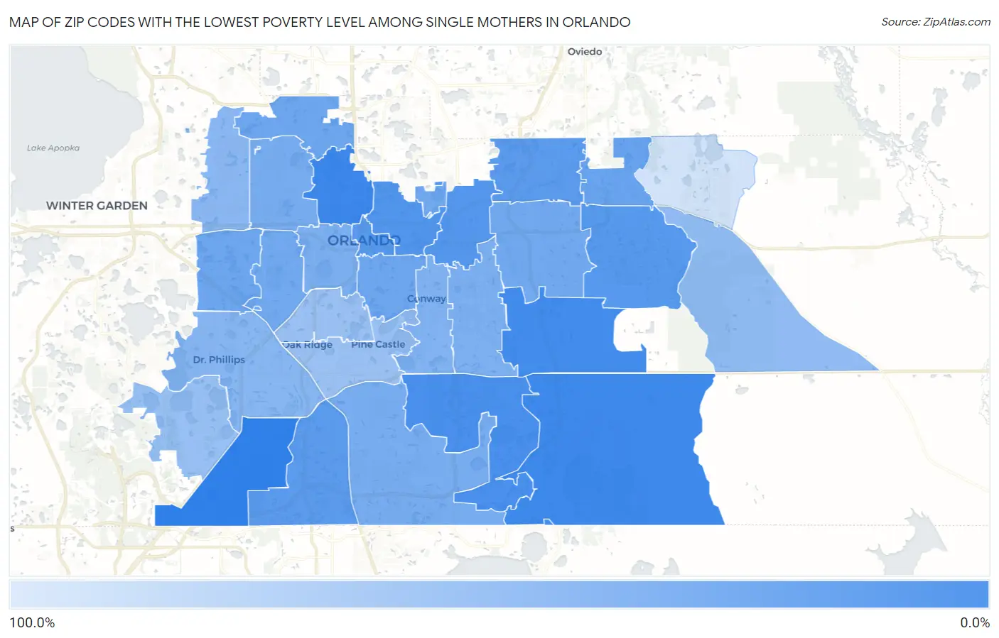 Zip Codes with the Lowest Poverty Level Among Single Mothers in Orlando Map