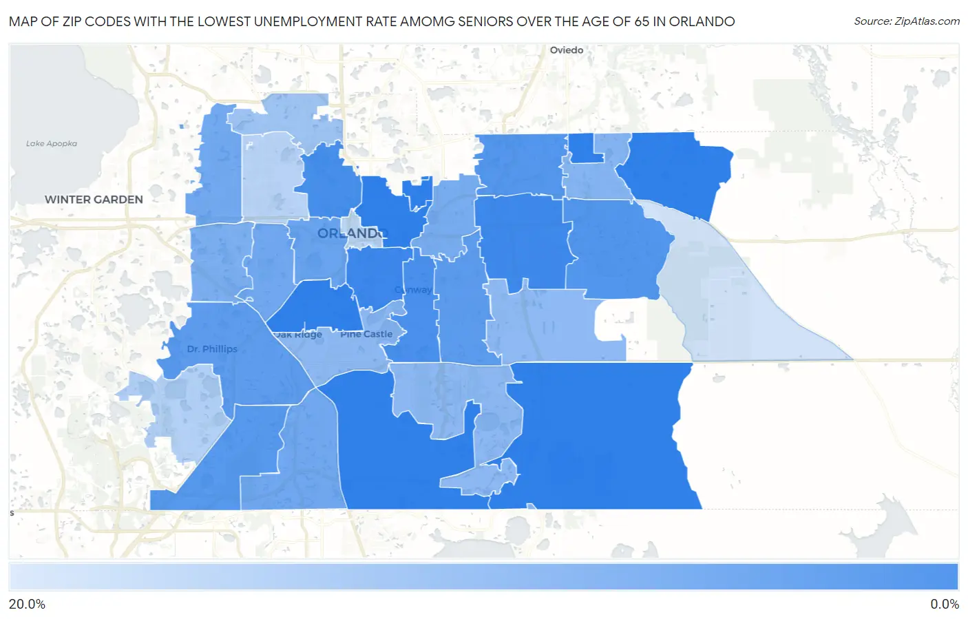 Zip Codes with the Lowest Unemployment Rate Amomg Seniors Over the Age of 65 in Orlando Map