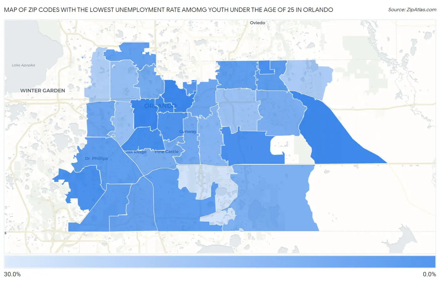 Zip Codes with the Lowest Unemployment Rate Amomg Youth Under the Age of 25 in Orlando Map