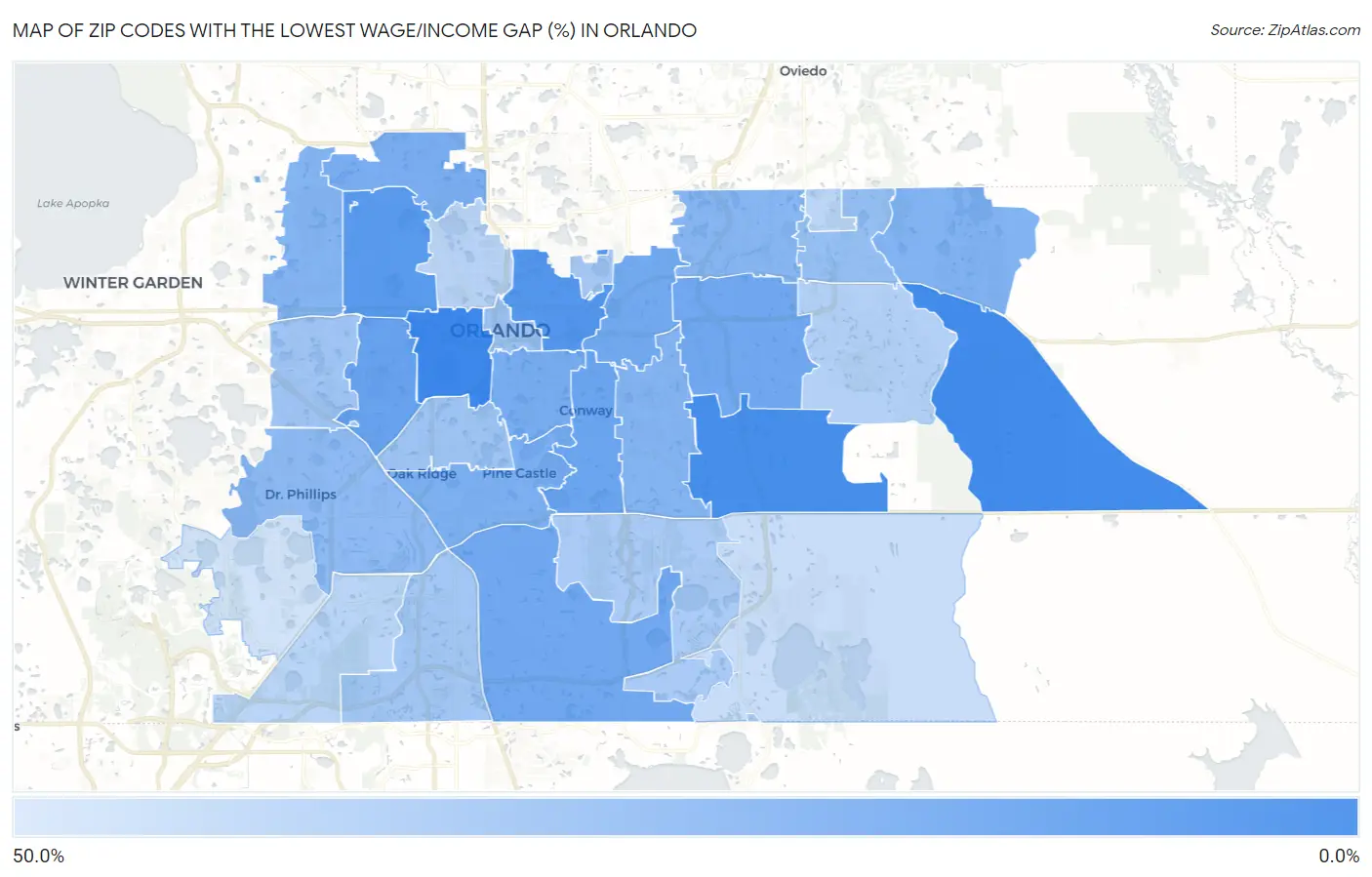 Zip Codes with the Lowest Wage/Income Gap (%) in Orlando Map