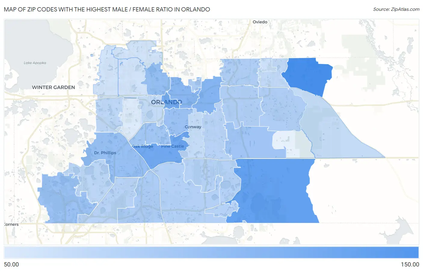 Zip Codes with the Highest Male / Female Ratio in Orlando Map
