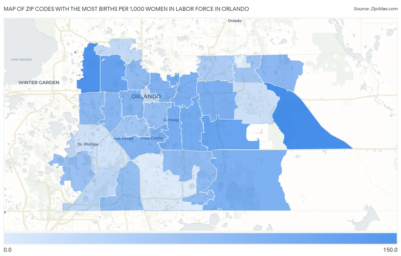 Zip Codes with the Most Births per 1,000 Women in Labor Force in Orlando Map
