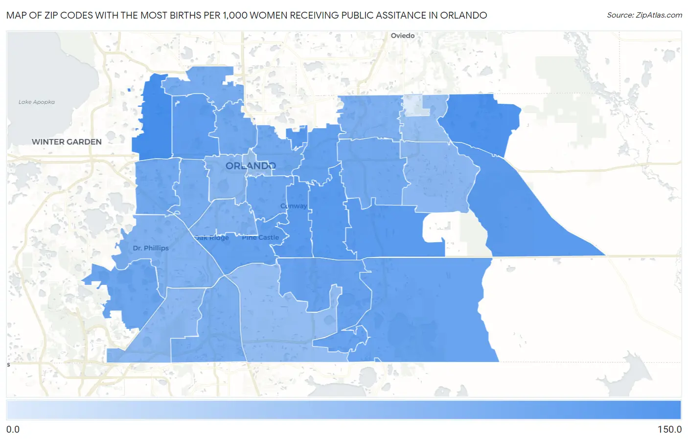 Zip Codes with the Most Births per 1,000 Women Receiving Public Assitance in Orlando Map