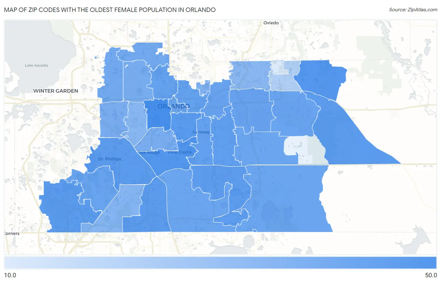 Zip Codes with the Oldest Female Population in Orlando Map