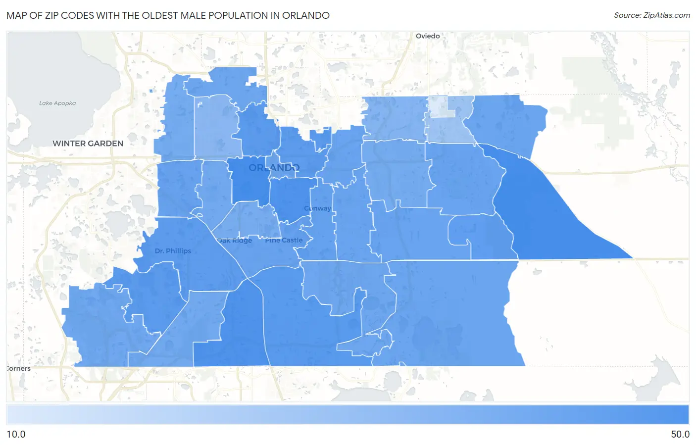 Zip Codes with the Oldest Male Population in Orlando Map