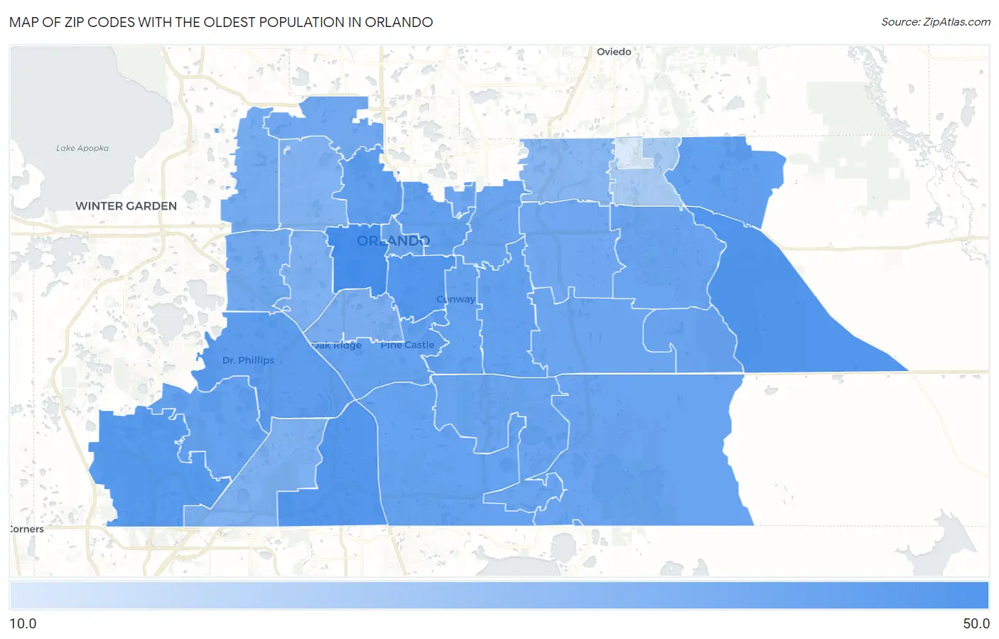 Zip Codes with the Oldest Population in Orlando Map