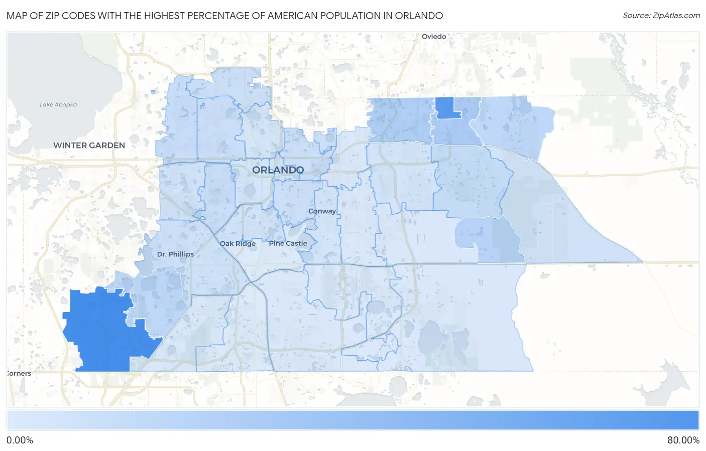 Zip Codes with the Highest Percentage of American Population in Orlando Map