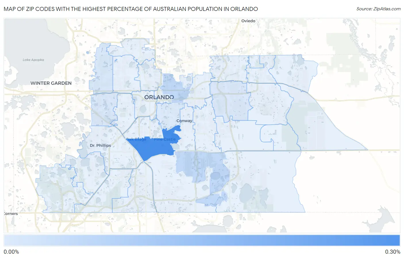 Zip Codes with the Highest Percentage of Australian Population in Orlando Map
