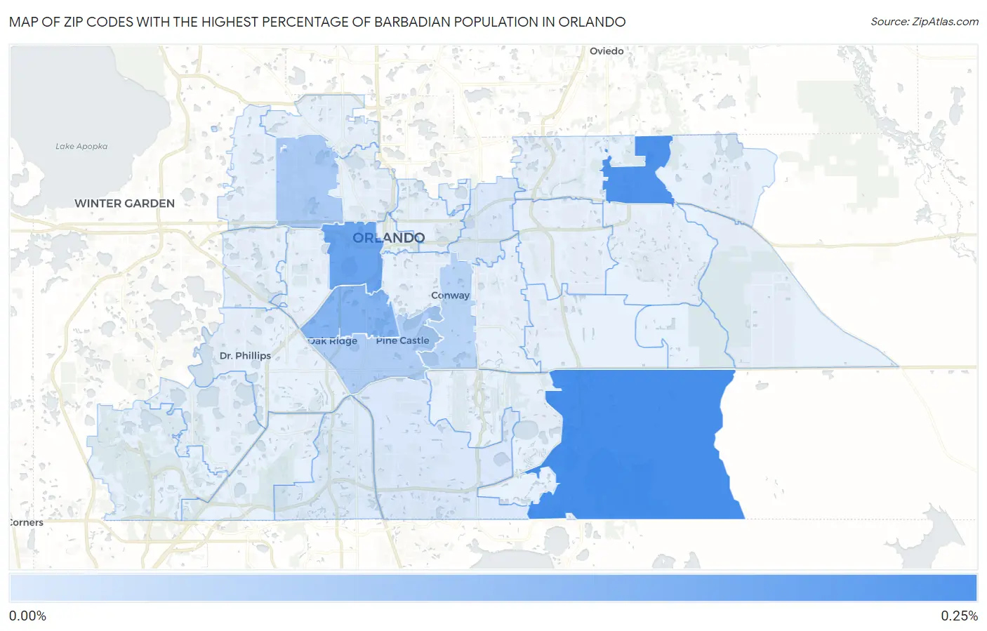 Zip Codes with the Highest Percentage of Barbadian Population in Orlando Map