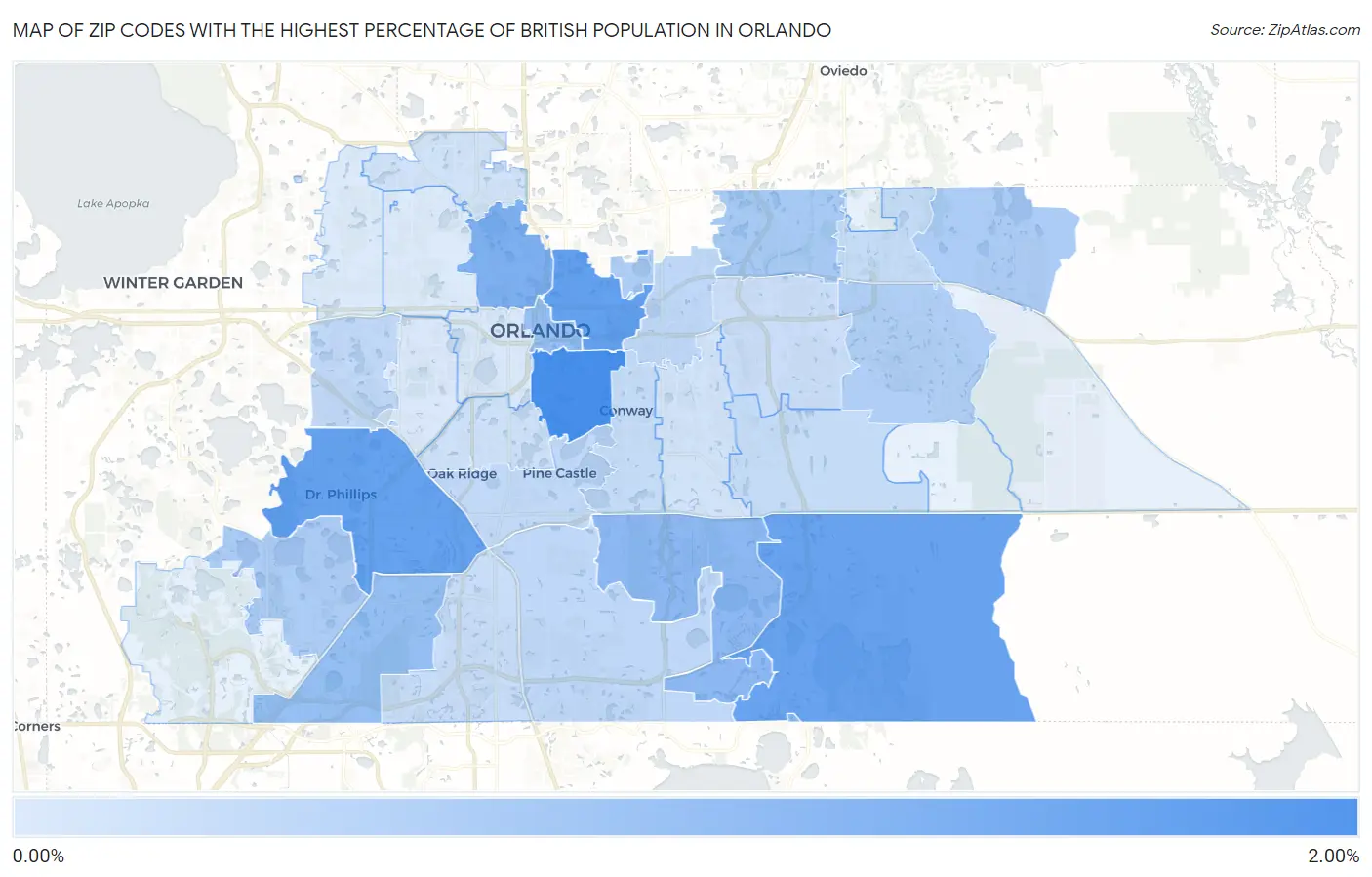 Zip Codes with the Highest Percentage of British Population in Orlando Map
