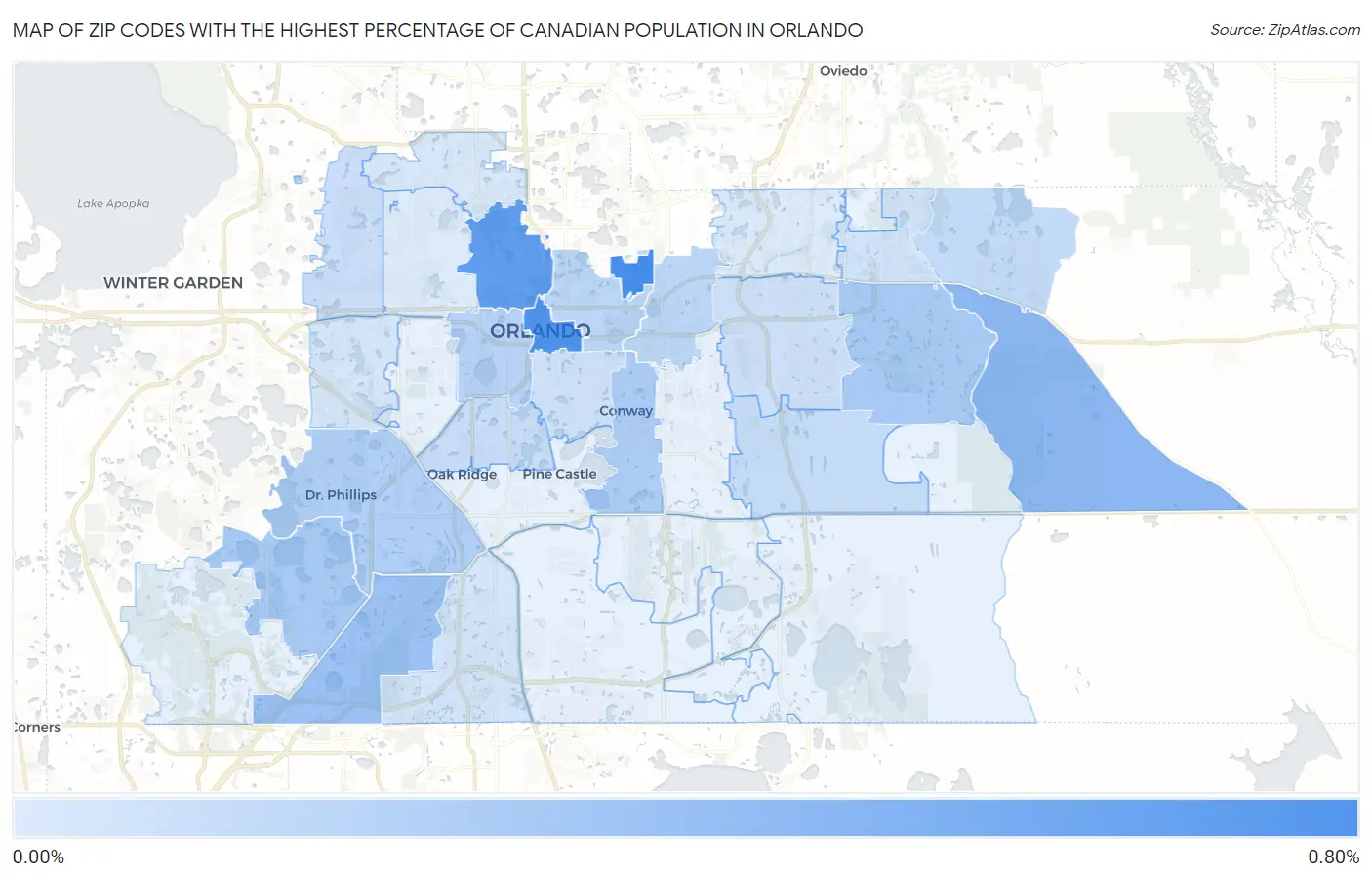 Zip Codes with the Highest Percentage of Canadian Population in Orlando Map