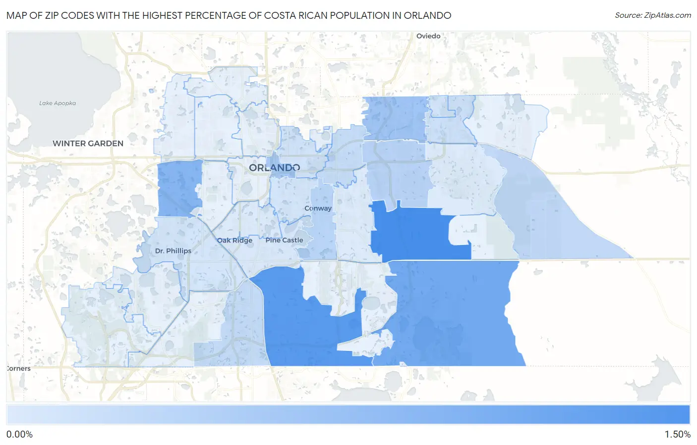 Zip Codes with the Highest Percentage of Costa Rican Population in Orlando Map