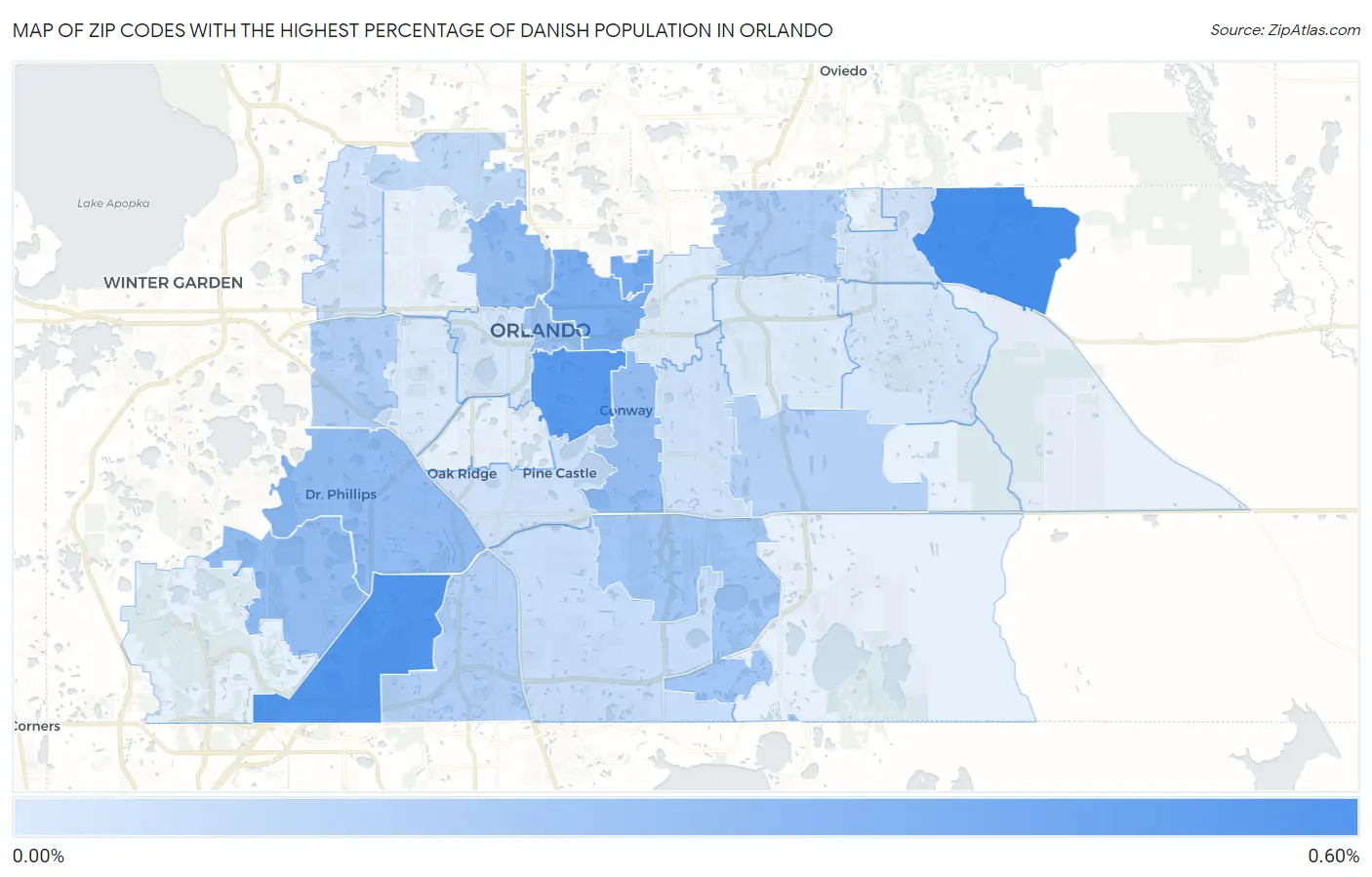 Zip Codes with the Highest Percentage of Danish Population in Orlando Map