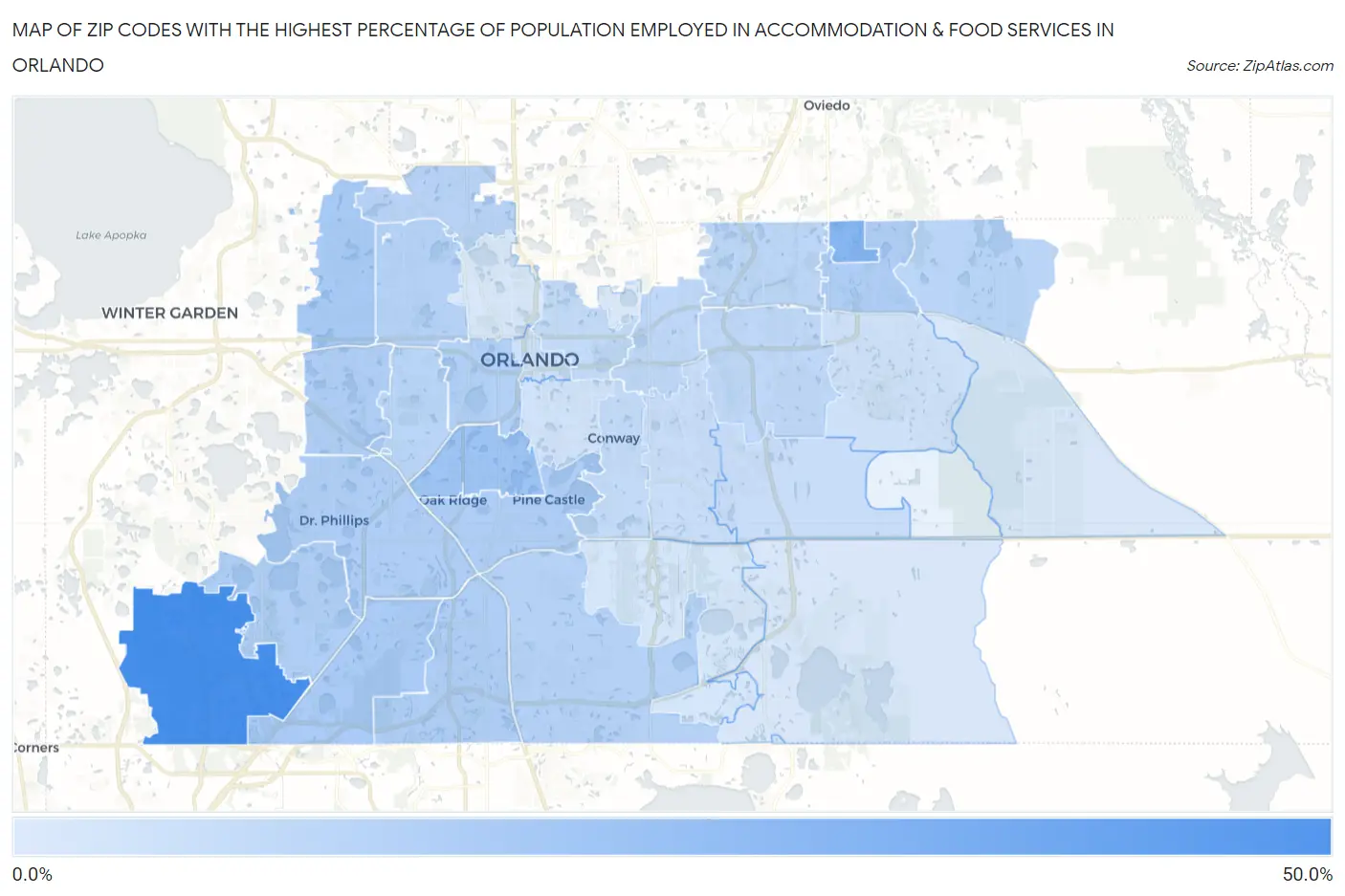 Zip Codes with the Highest Percentage of Population Employed in Accommodation & Food Services in Orlando Map