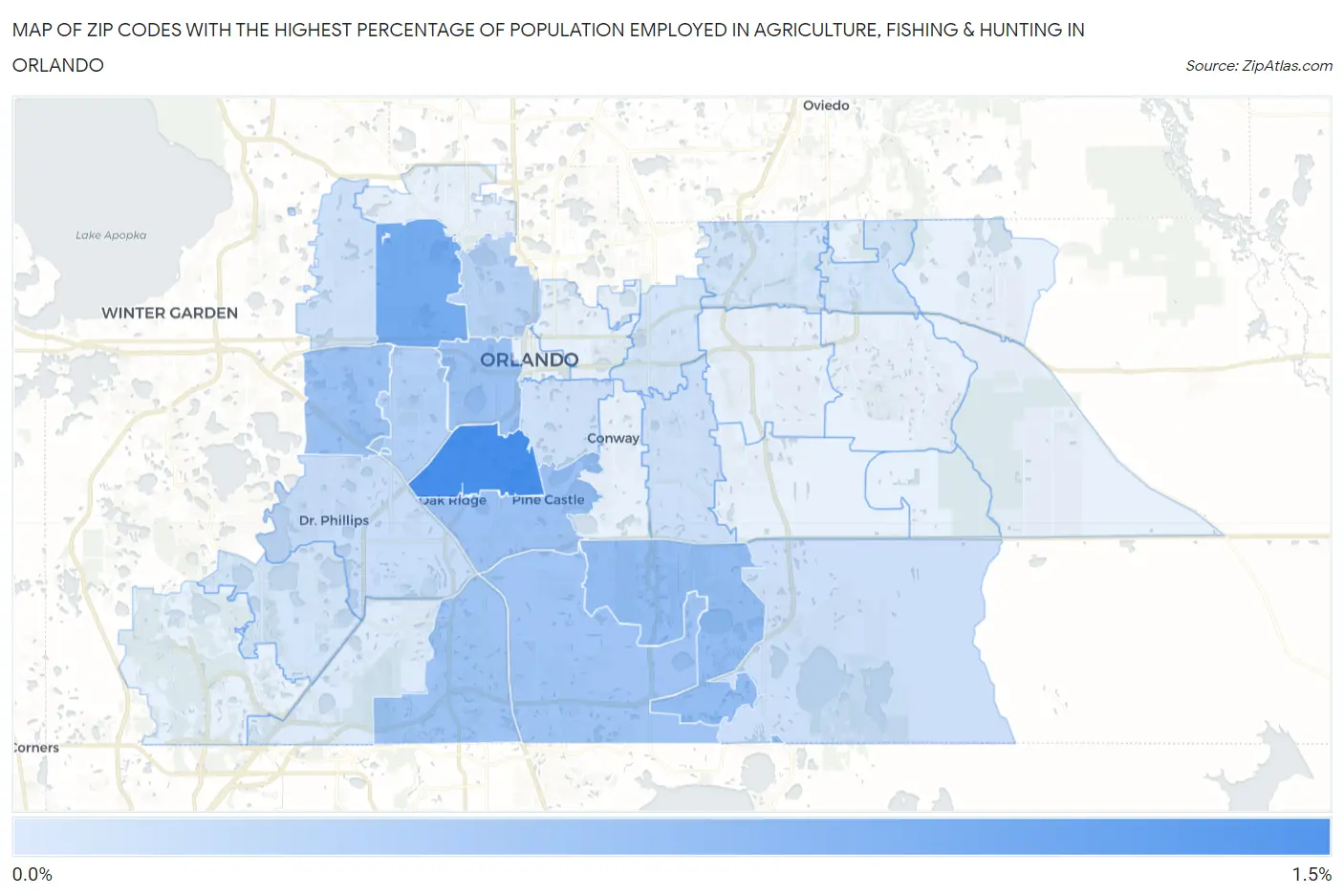 Zip Codes with the Highest Percentage of Population Employed in Agriculture, Fishing & Hunting in Orlando Map