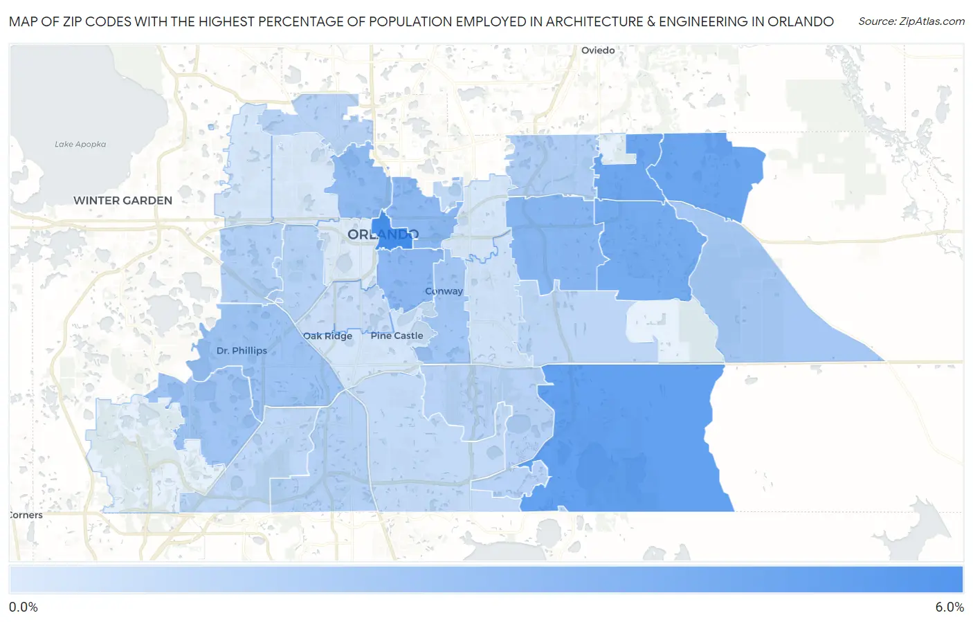 Zip Codes with the Highest Percentage of Population Employed in Architecture & Engineering in Orlando Map