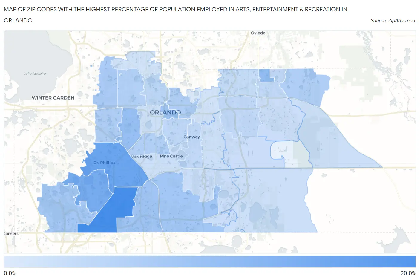 Zip Codes with the Highest Percentage of Population Employed in Arts, Entertainment & Recreation in Orlando Map