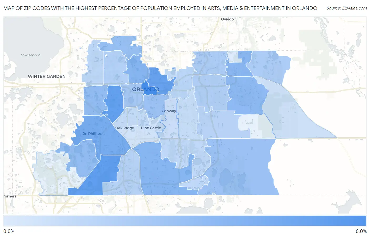 Zip Codes with the Highest Percentage of Population Employed in Arts, Media & Entertainment in Orlando Map