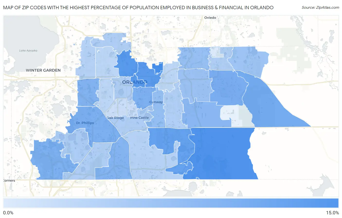 Zip Codes with the Highest Percentage of Population Employed in Business & Financial in Orlando Map