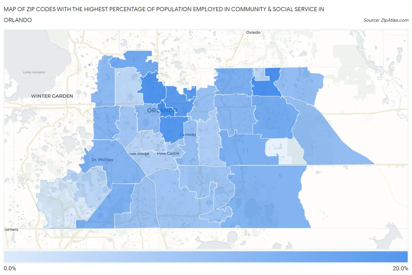 Zip Codes with the Highest Percentage of Population Employed in Community & Social Service  in Orlando Map