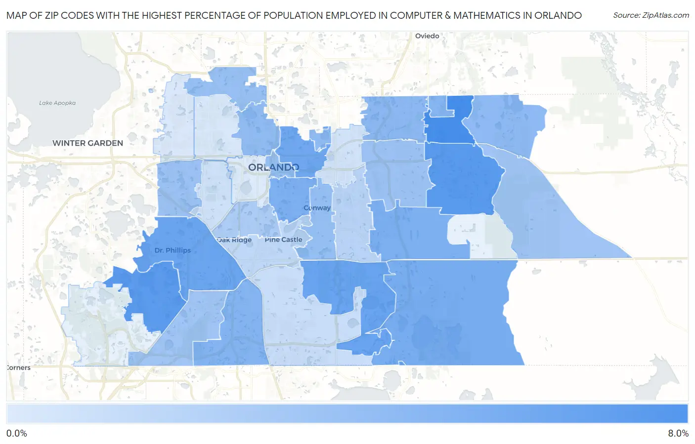 Zip Codes with the Highest Percentage of Population Employed in Computer & Mathematics in Orlando Map