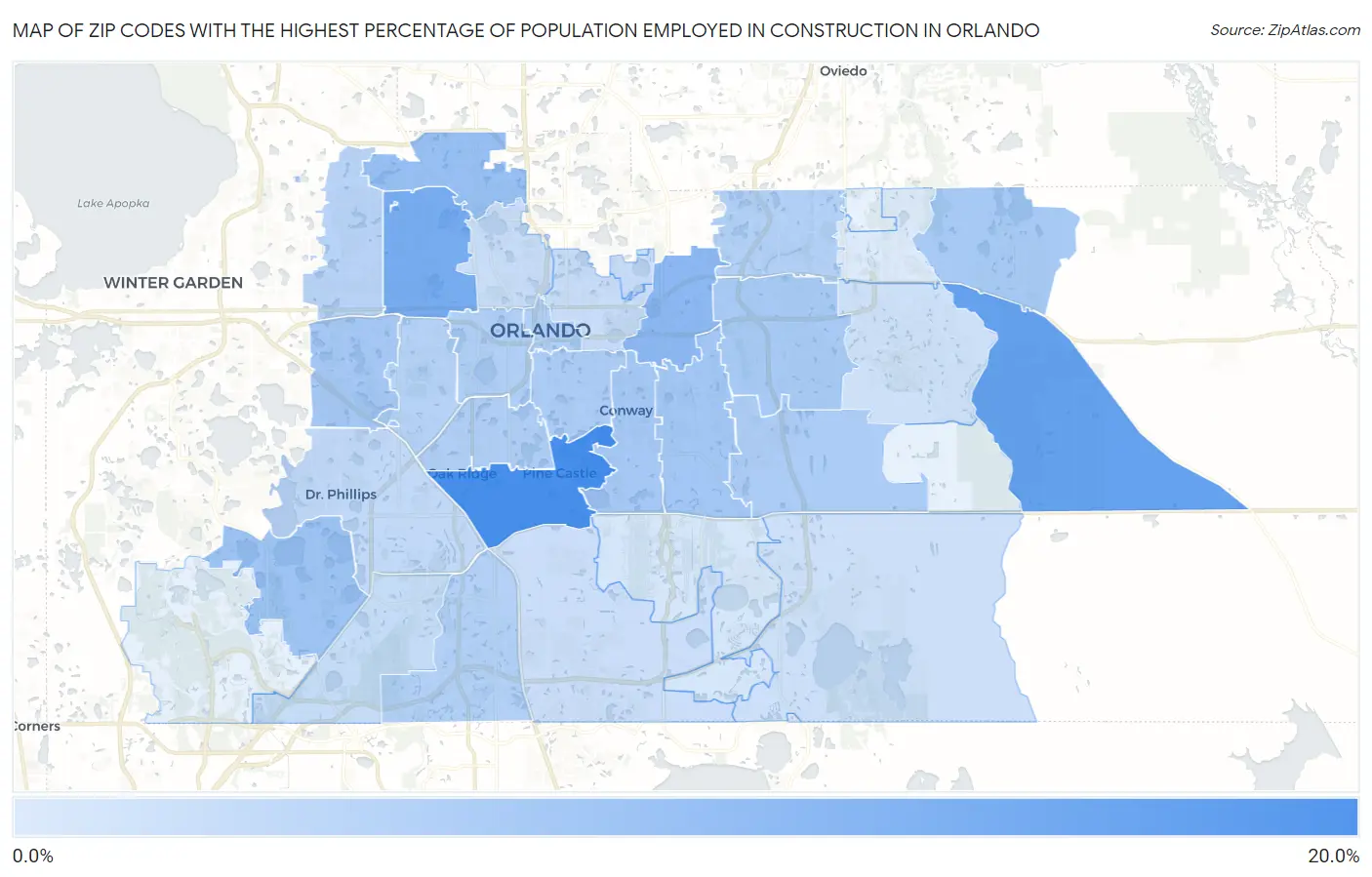 Zip Codes with the Highest Percentage of Population Employed in Construction in Orlando Map